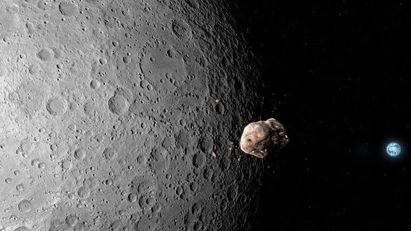 Illustration of an asteroid the passing the Moon as it approaches Earth