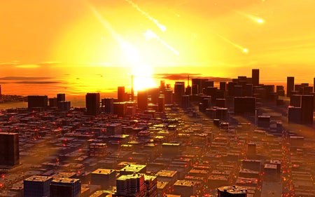 Illustration of cataclysmic scene in which a city suffers a near-miss as an asteroid strikes in the distance
