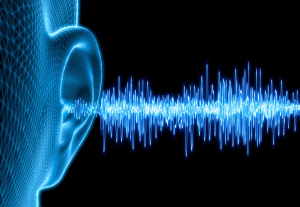 Ditial illustration, blue, glowing sound waves leading into a blue wireframe ear