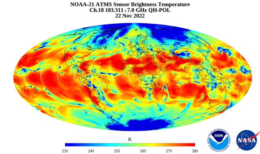 This image by the NOAA-21 satellite shows global water vapor.