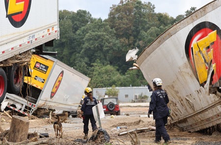 Members of the FEMA Urban Search and Rescue Task Force search a flood damaged area with a search canine in the aftermath of Hurricane Helene along the Swannanoa River on October 4, 2024 in Asheville, North Carolina.