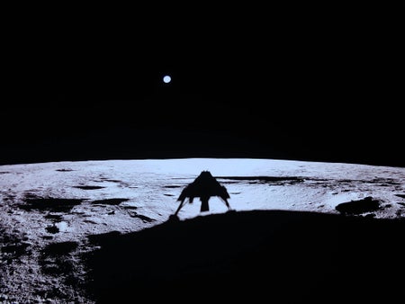 A view of Firefly Aerospace’s Blue Ghost Mission 1’s shadow on the surface of the moon, with Earth visible as a blue dot in the black sky