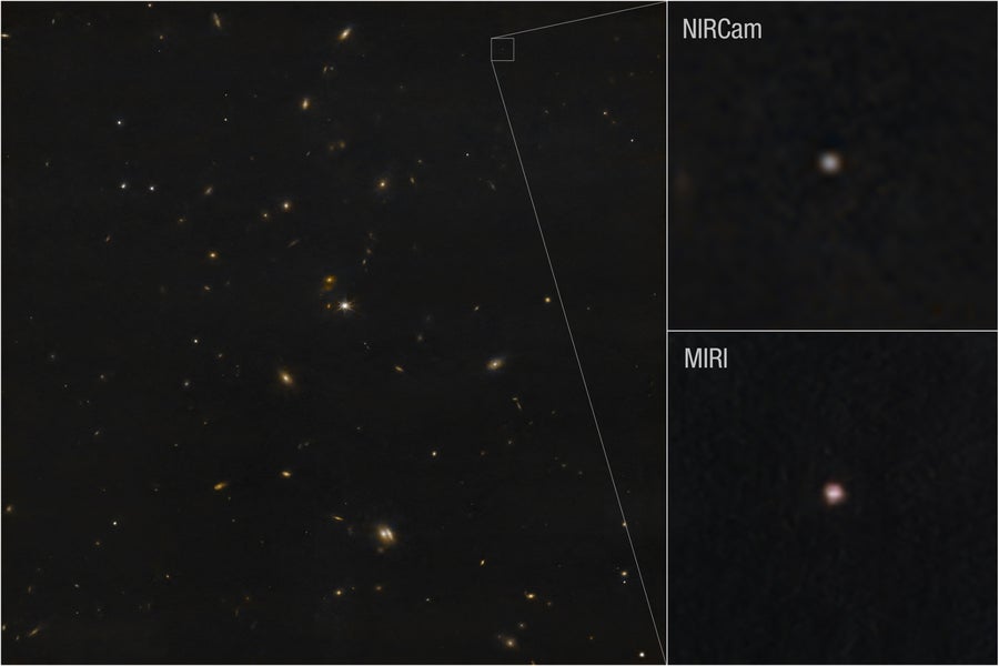 These images of Asteroid 2024 YR4 are a composite of separate exposures acquired by the James Webb Space Telescope using the NIRCam and MIRI instruments