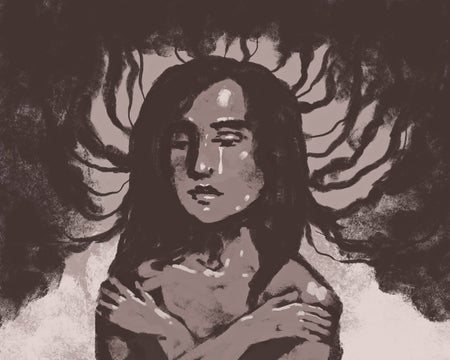 Painted black and white illustration of a woman with arms crossed in a self embrace, dark clouds or smoke emanating outwards from her head with a somber expression on her face