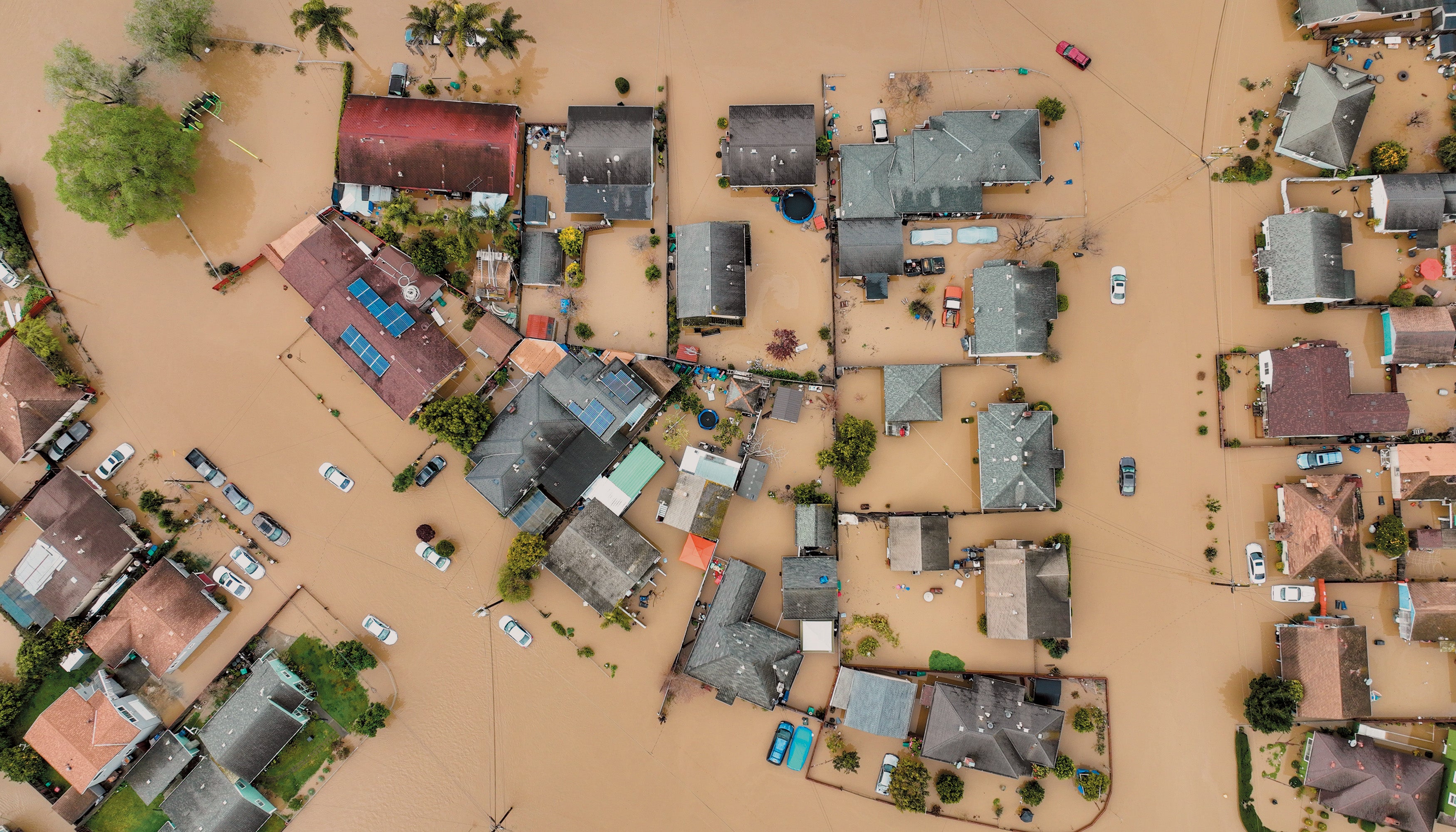 Aerial view of flooded residential area Pajaro, California.