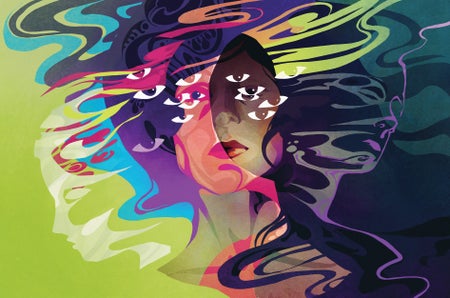 Human faces lots of eyes colorful waves