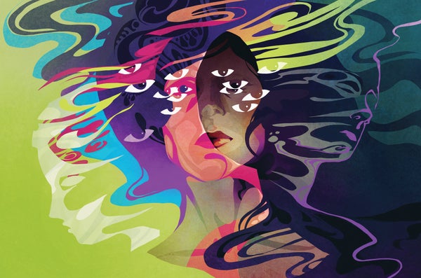Human faces lots of eyes colorful waves