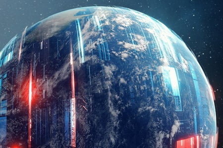 3D illustration of Earth surrounded by illuminated orbital screens