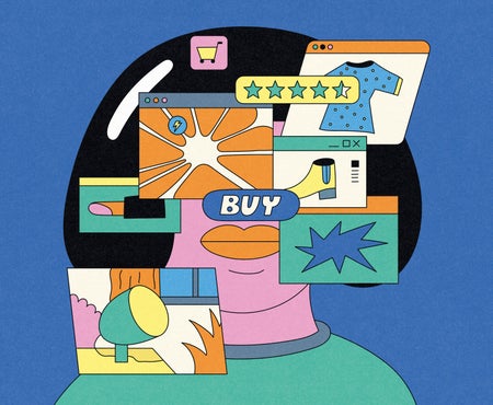 Illustration of female upper body with computer screens across the illustration displaying shopping websites and their product.