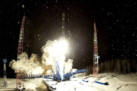 Still image from videos of the preparations and launch of a Soyuz-2.1V rocket by the Russian Defence Ministry from the Plesetsk Cosmodrome