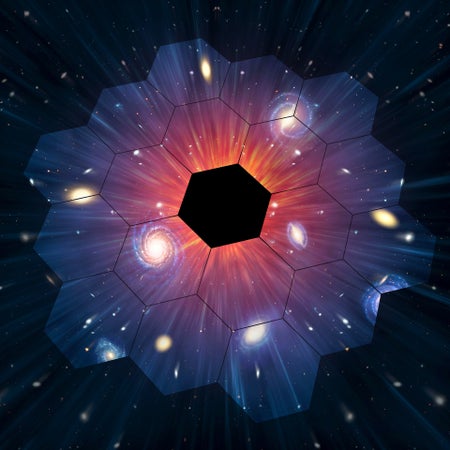 Conceptual image showing the Universe's galaxies reflected in the mirror of the James Webb Space Telescope