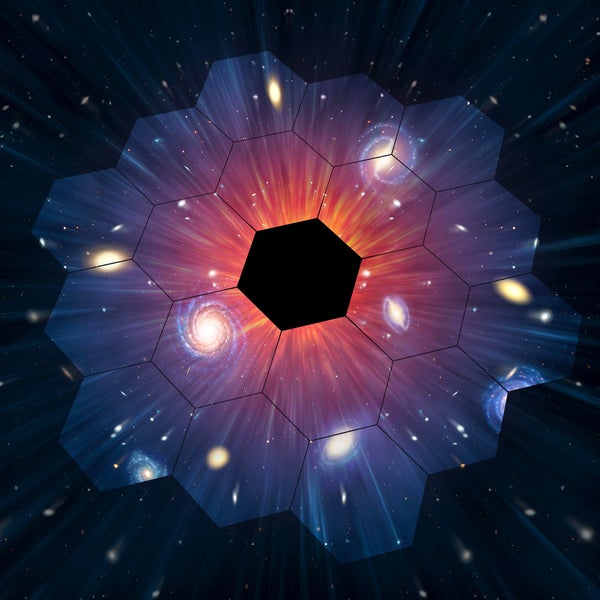 Conceptual image showing the Universe's galaxies reflected in the mirror of the James Webb Space Telescope