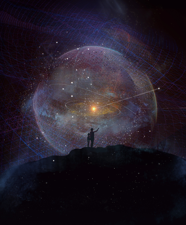 An artist's illustration of a spacecraft's escape trajectory from our solar system into interstellar space.