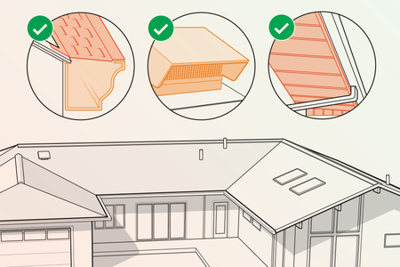 Line drawing of a ranch-style house with circular enlarged insets highlighting details that make the house fire-resistant.